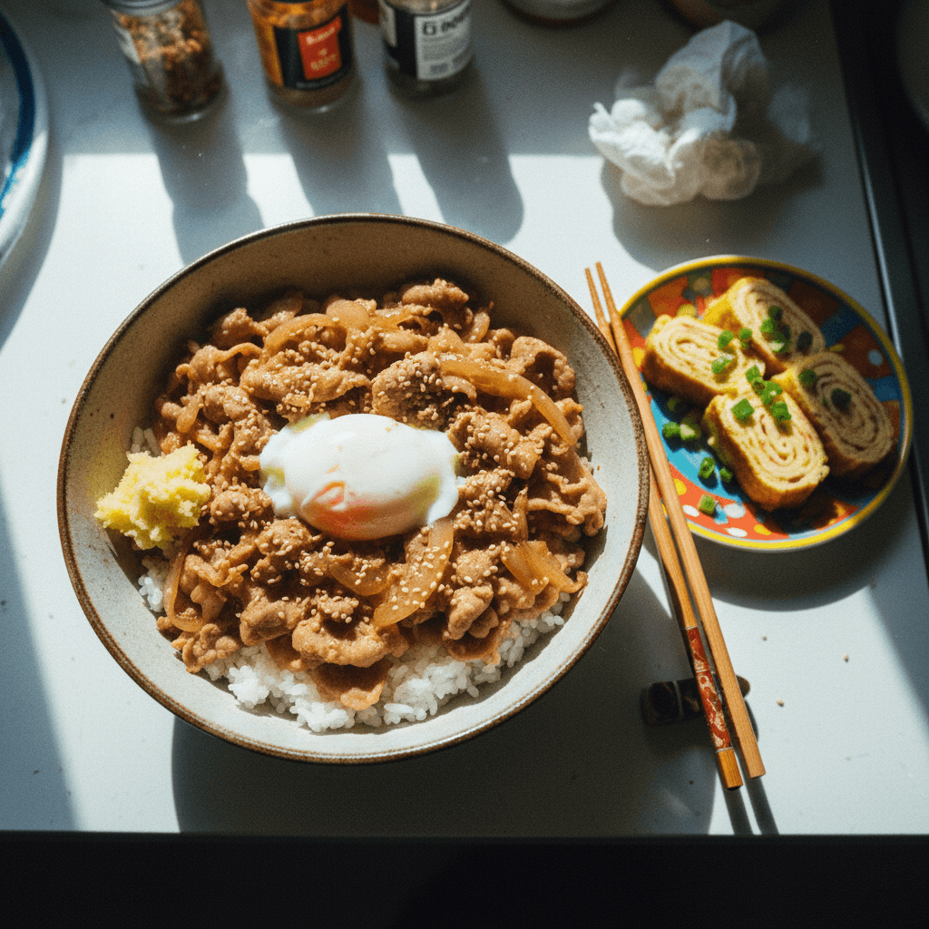 Ginger Pork Rice Bowl (Shogayaki Donburi) with Cabbage Omelet