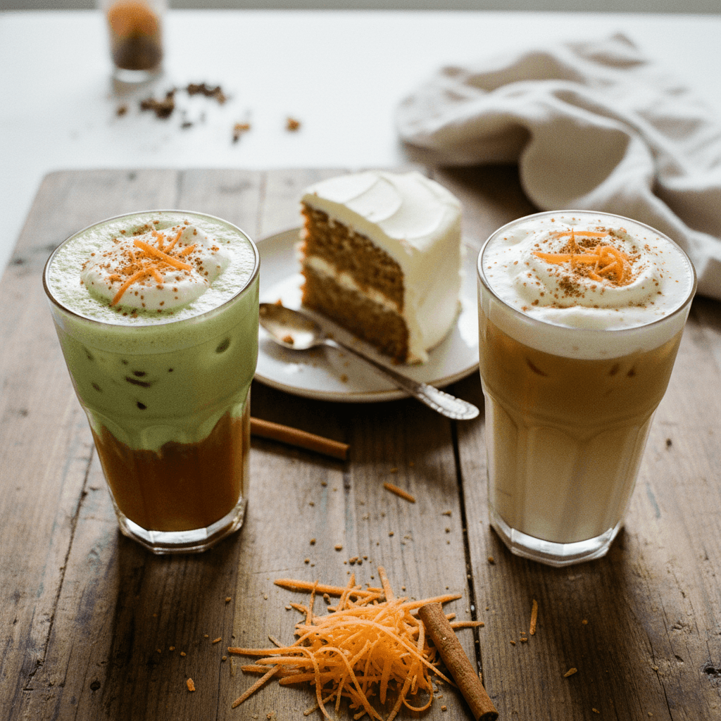 Carrot Cake Iced Matcha and Latte with Cream Cheese Cold Foam