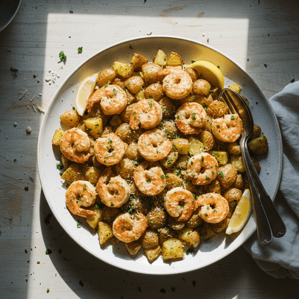 Creamy Garlic Parmesan Shrimp with Smashed Potatoes