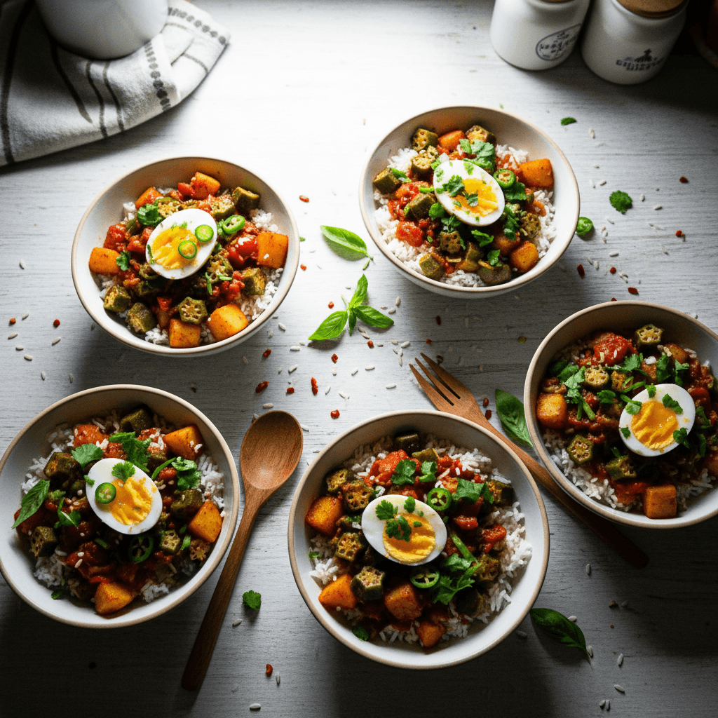 Okra Tomato Rice Bowls with Crispy Potatoes and Fried Eggs