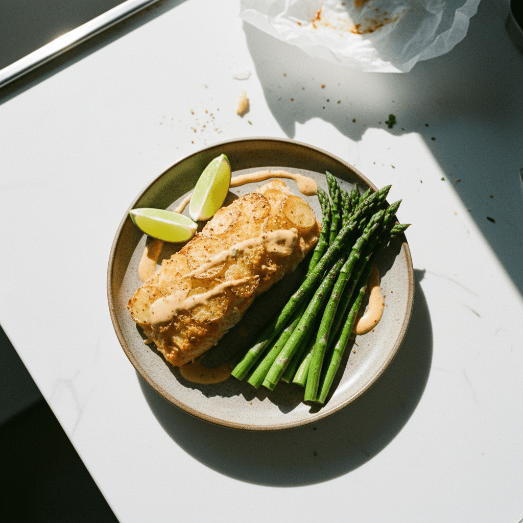 Crispy Parmesan Potato Salmon with Asparagus