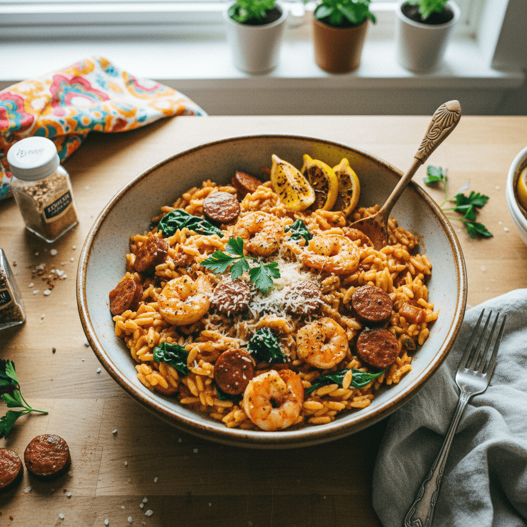 Creamy Cajun Sausage & Shrimp Orzo
