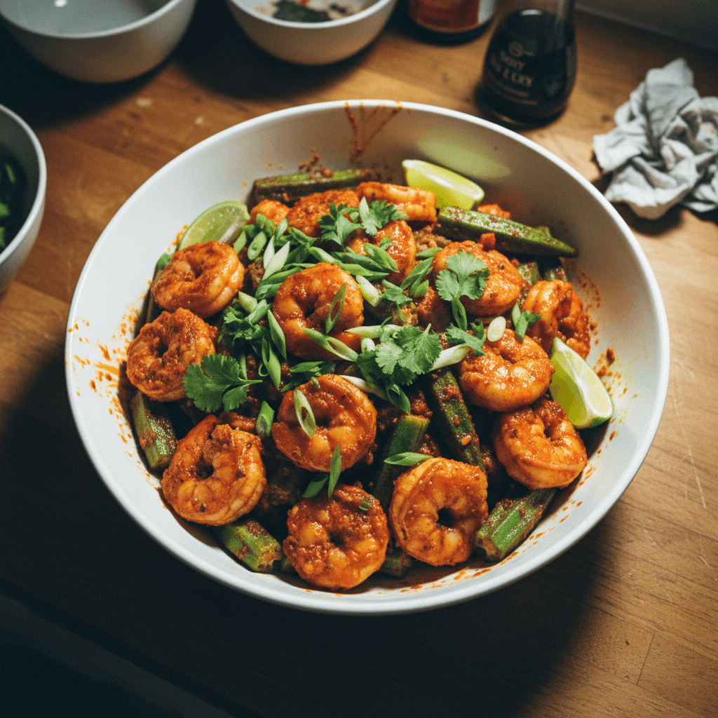 High-Heat Sambal Prawns with Okra