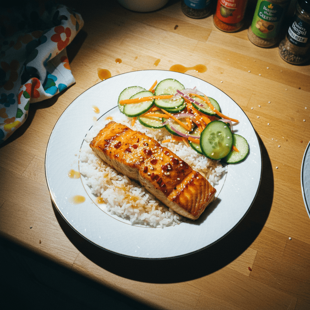 Hot Honey Salmon with Cucumber and Carrot Salad