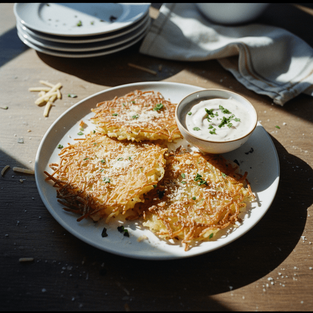 Crispy Garlic Parmesan Hashbrowns with Garlic Aioli