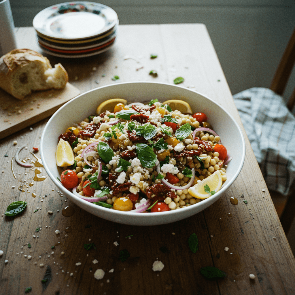 Fregola Pasta Salad with Roasted Vegetables and Feta