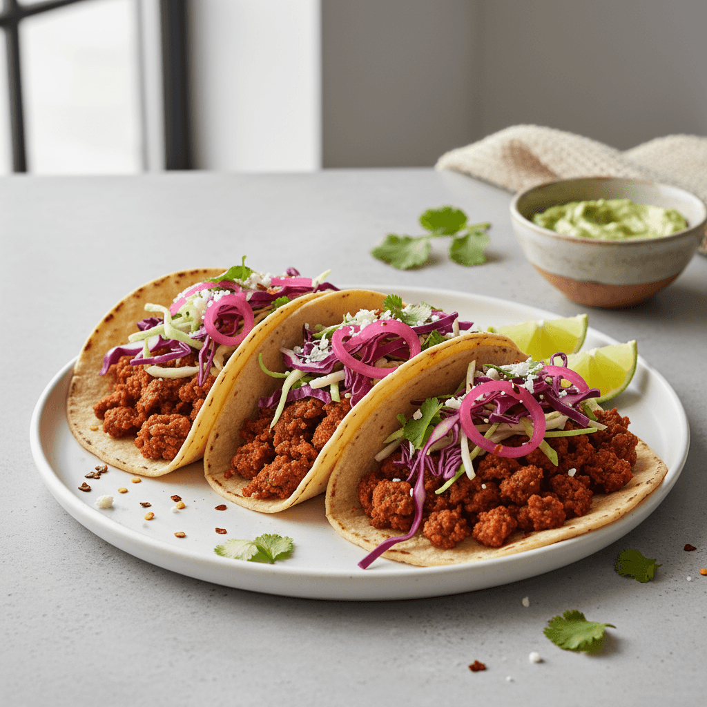Spicy Plant-Based Chorizo and Pickled Onion Tacos