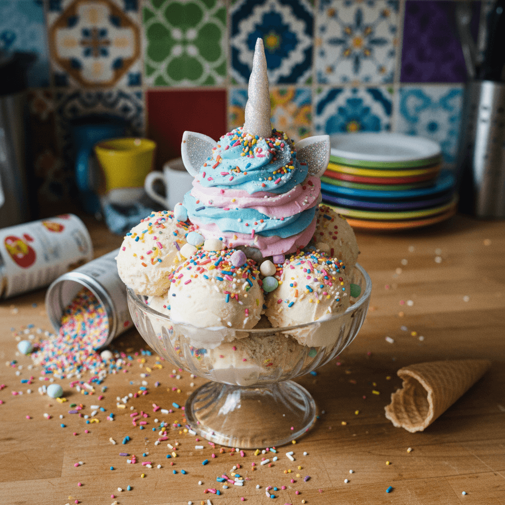 Rainbow Sprinkle Unicorn Vanilla Ice Cream Sundae Extravaganza