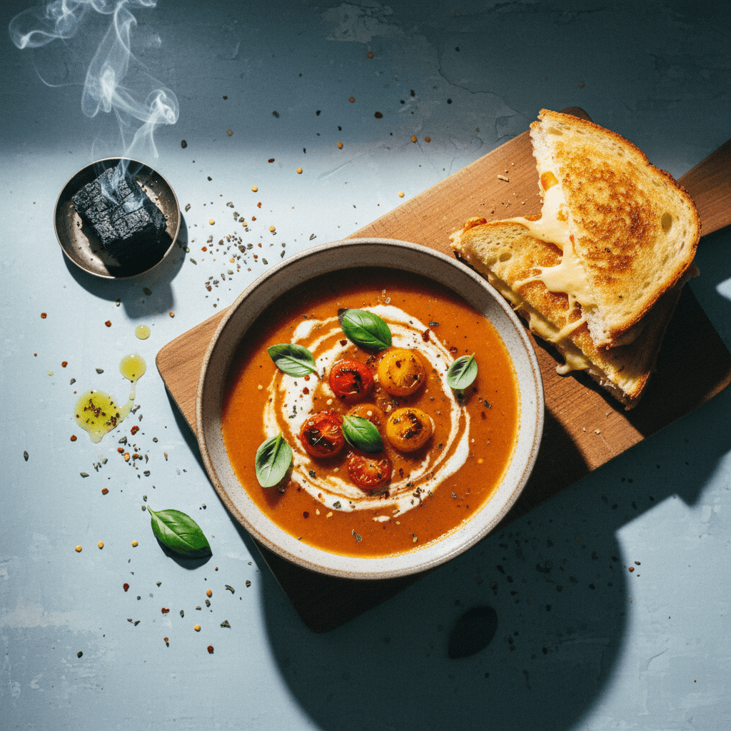 شوربة الطماطم المدخنة مع ساندويتش الجبن المشوي