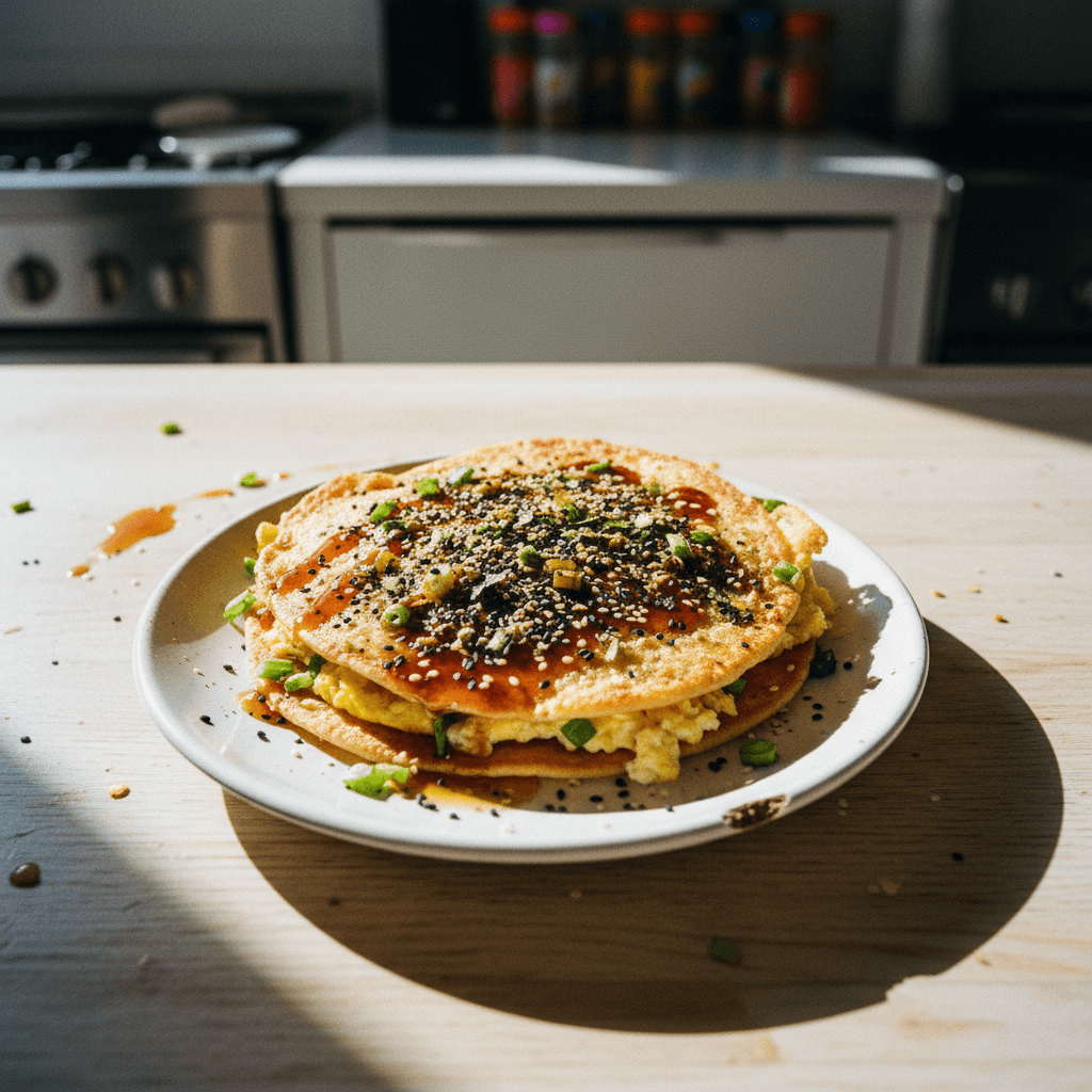 Scallion Chili Oil Honey Pancake in a Crispy Tortilla