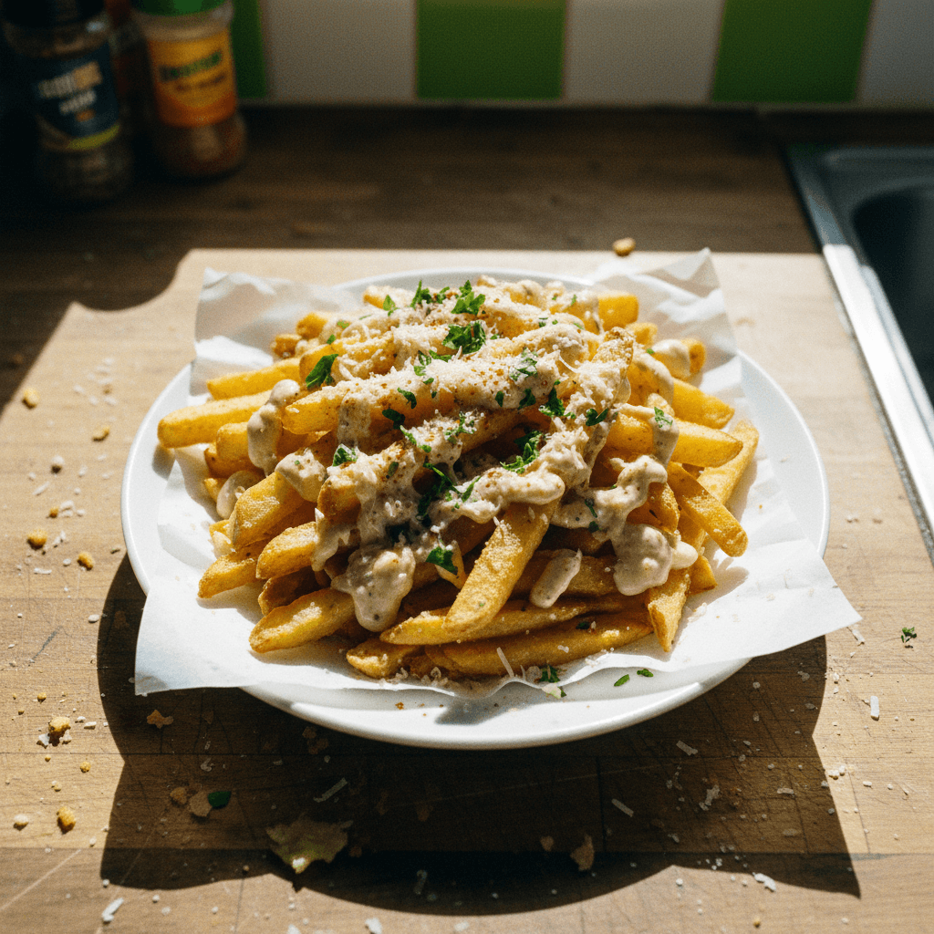 Crunchy Japanese Long Fries with Garlic Mayo Parmesan Sauce