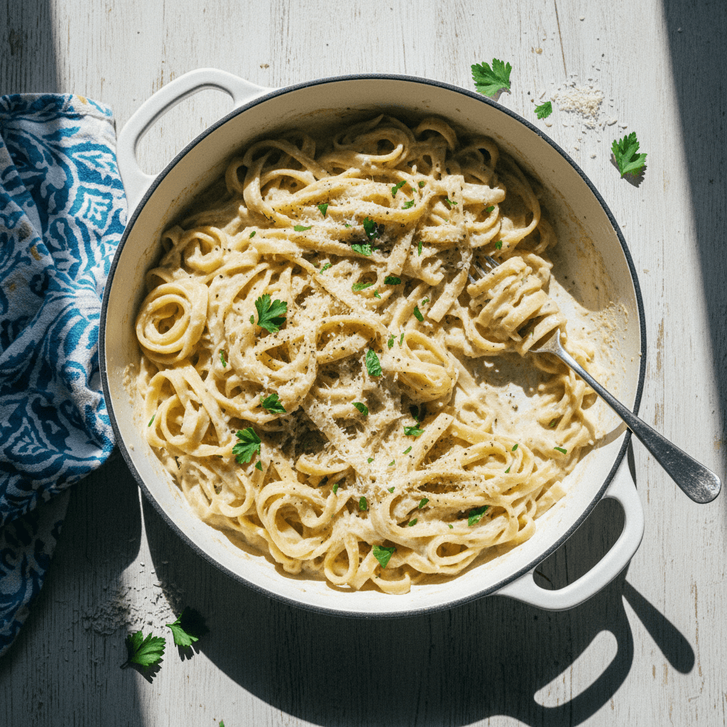 Dump & Cook Creamy Garlic Parmesan Tagliatelle