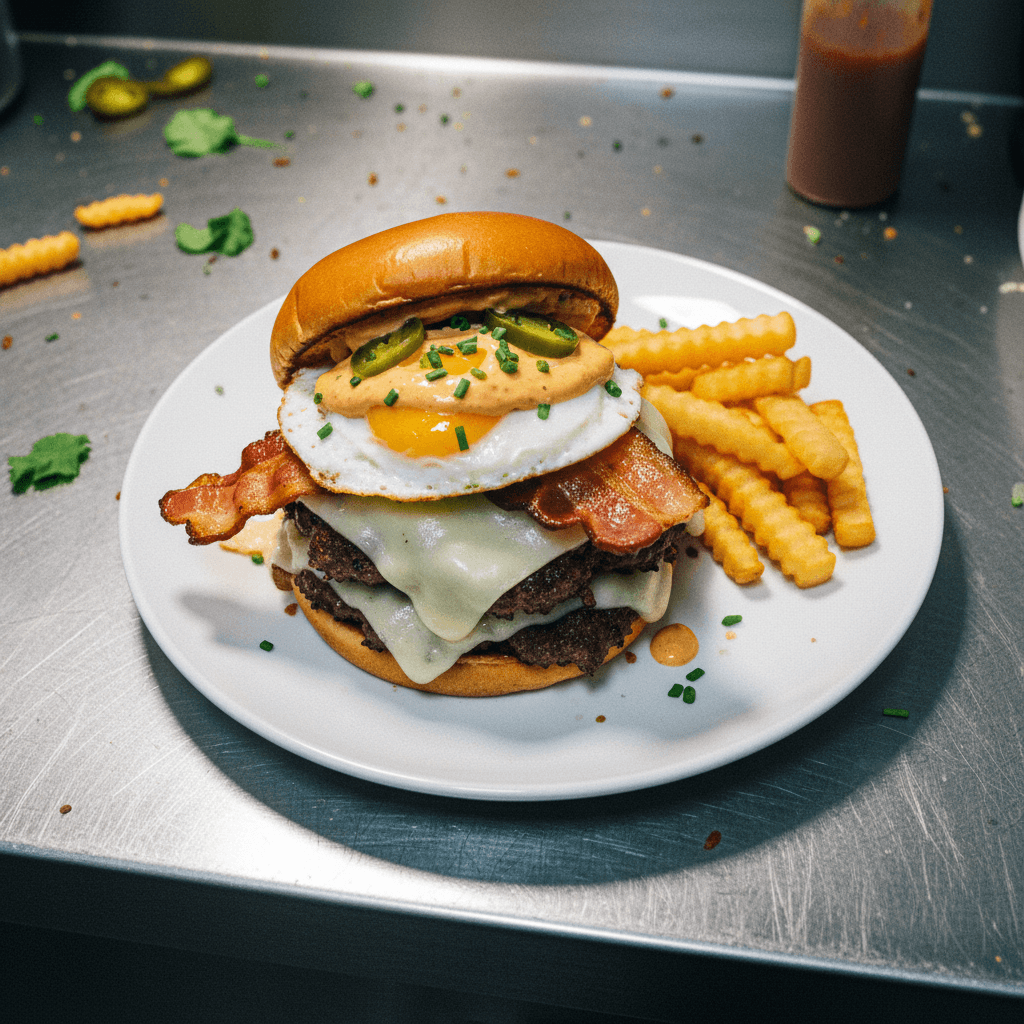 Four Charles Style Quadruple Smashburger with Fried Egg and Bacon
