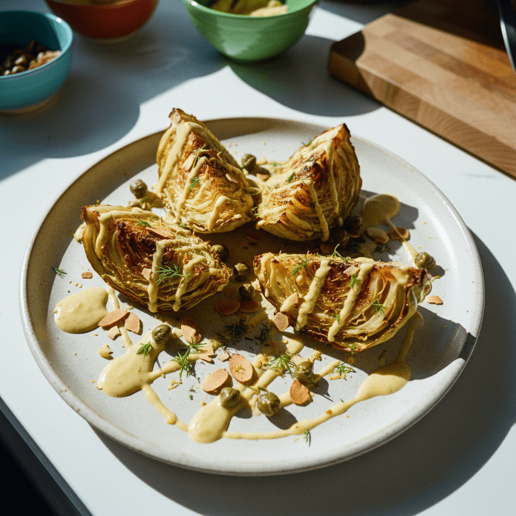 Roasted Caramelized Cabbage with Crispy Caper & Garlic Crunch & Creamy Honey-Dijon