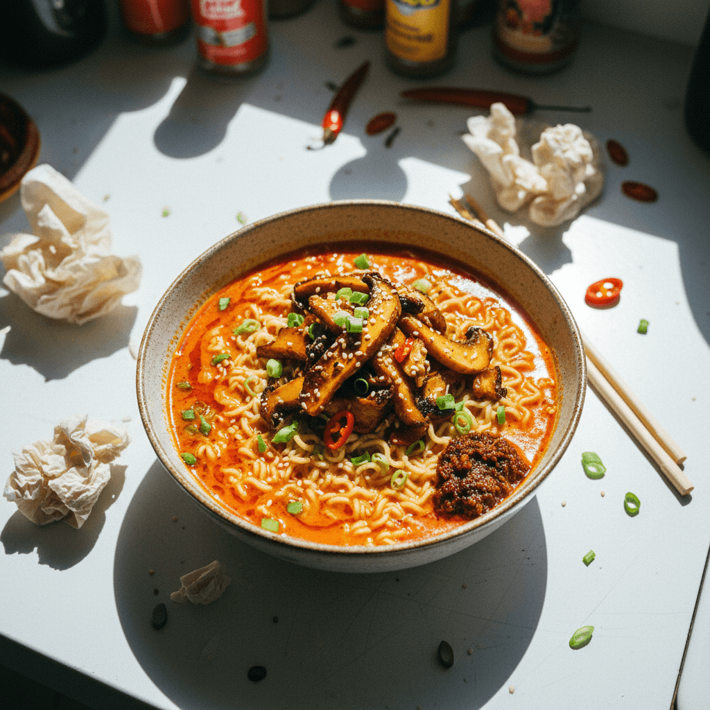 Red Hot Creamy Ramen with Crispy King Oyster Mushrooms