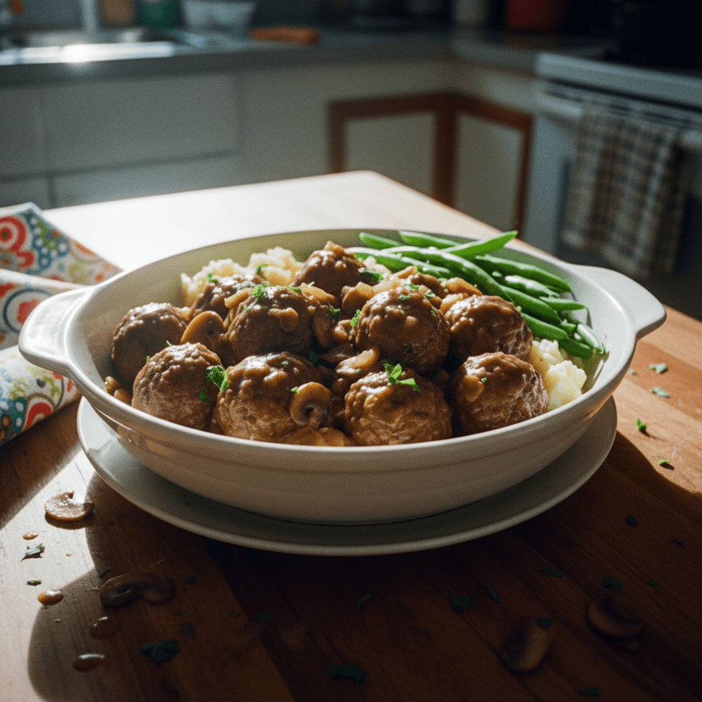 Slow Cooker Homestyle Meatballs with Mushroom Gravy