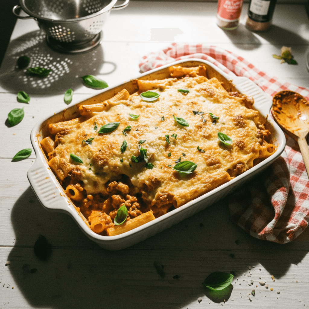 Baked Rigatoni with Creamy Sausage & Tomato Sauce and Béchamel