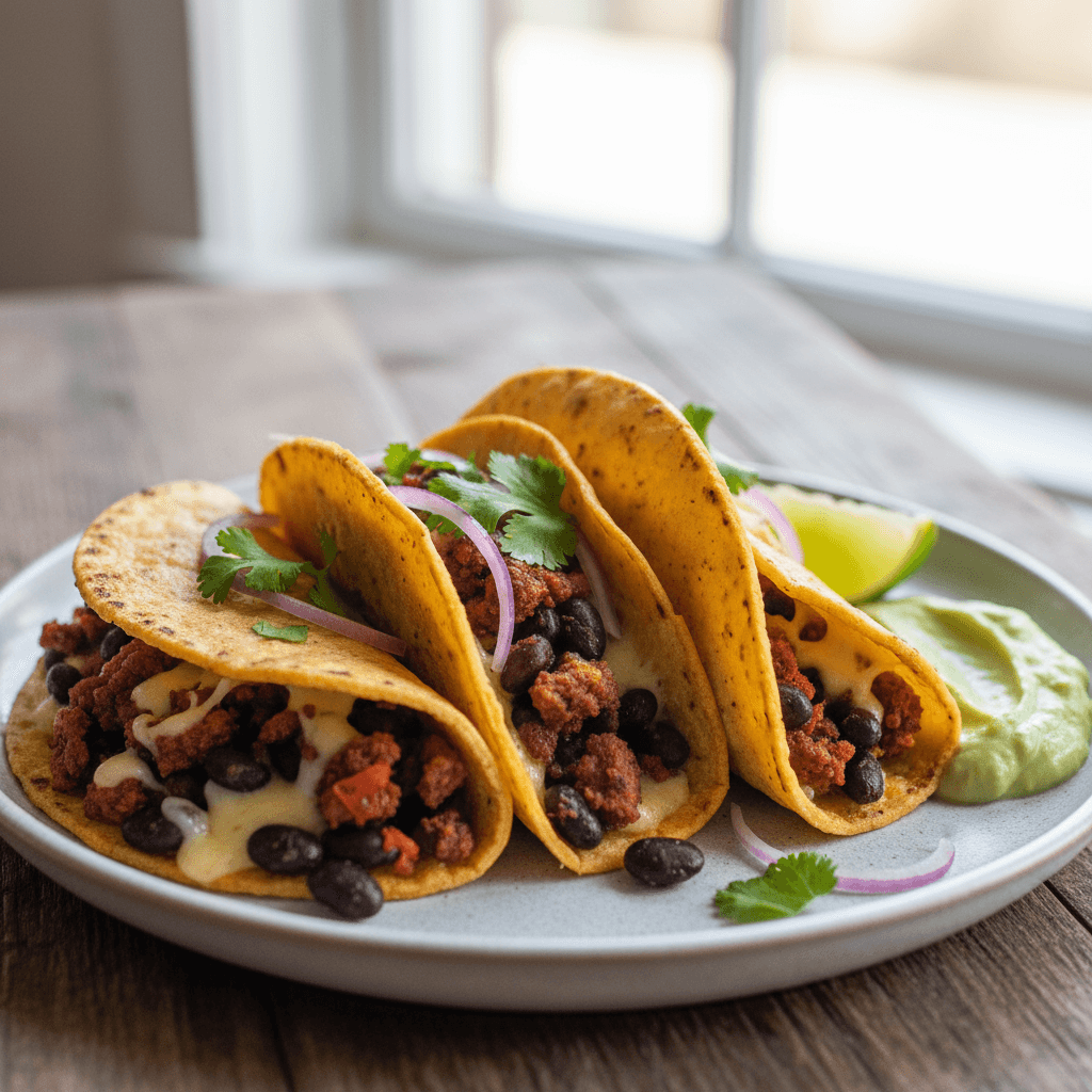Crispy Vegan Chorizo & Black Bean Quesadilla Tacos