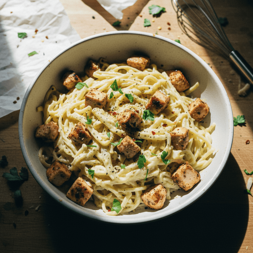 Low-Carb Cabbage Noodles with High-Protein Alfredo and Chicken