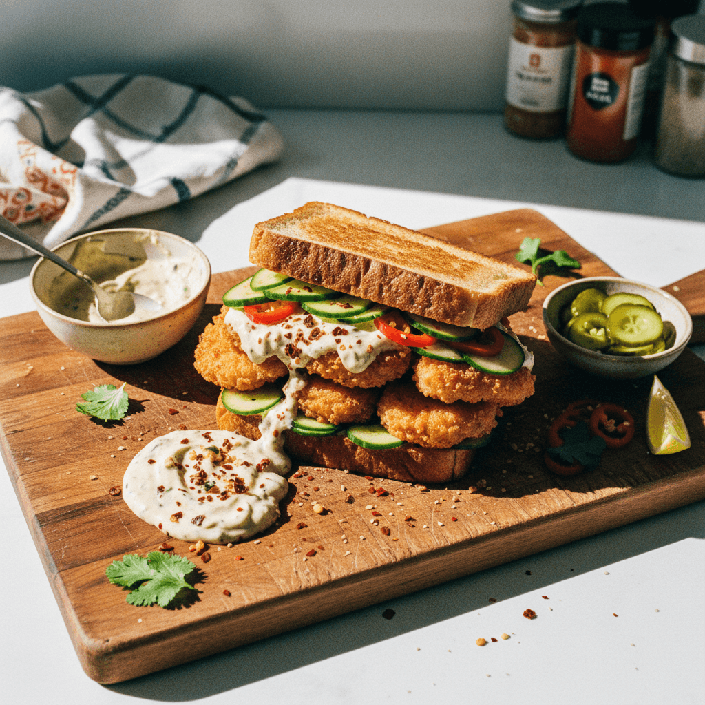 Shrimp Katsu Sandwich with Caramelized Shallot Sauce and Spicy Pickles
