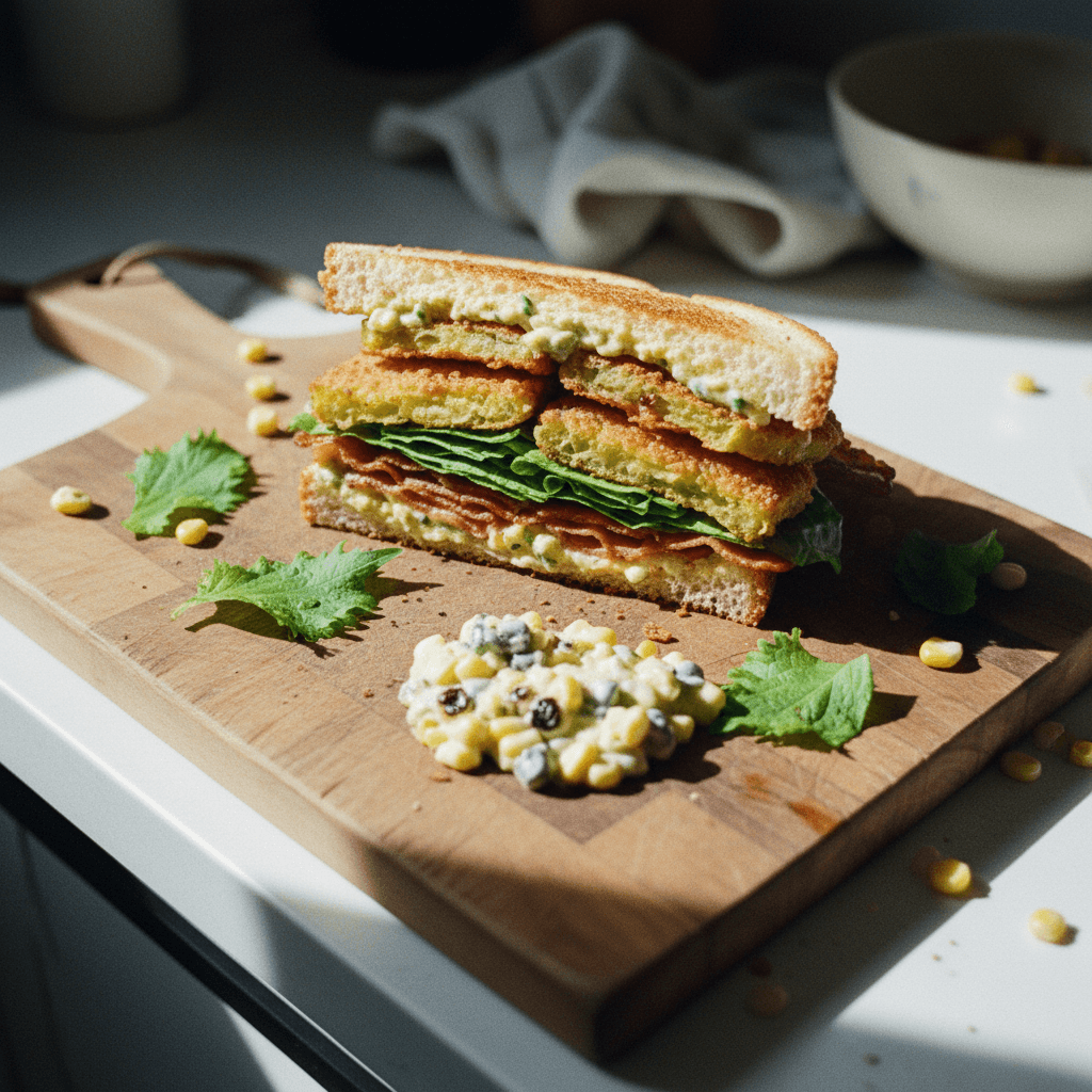 Fried Tomato BLT with Shiso Charred Scallion Corn Mayo