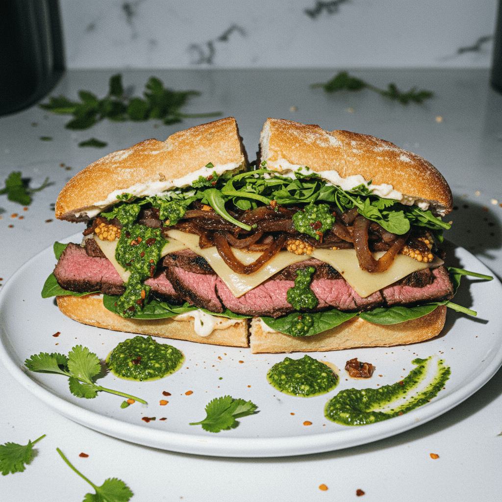 Steak Sandwich with Chimichurri and Caramelized Onions