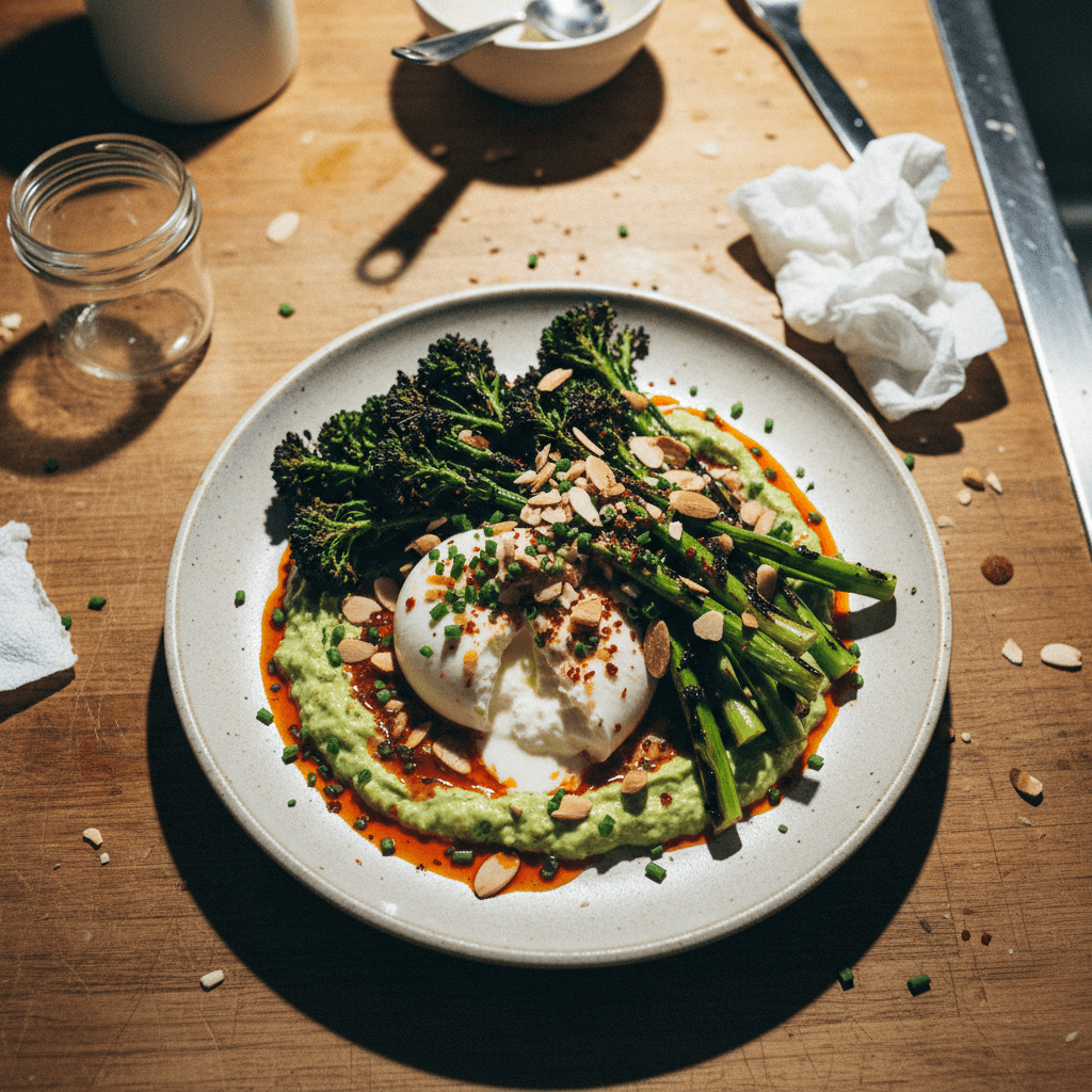 Grilled Tenderstem Broccoli with Green Salsa, Burrata & Chili Oil