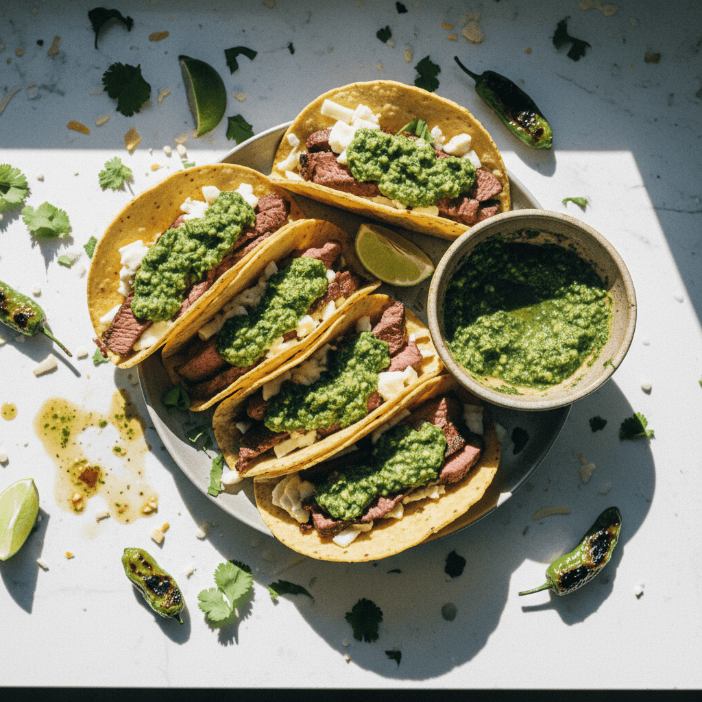 Crispy Steak Tacos with Shishito Pepper Chimichurri