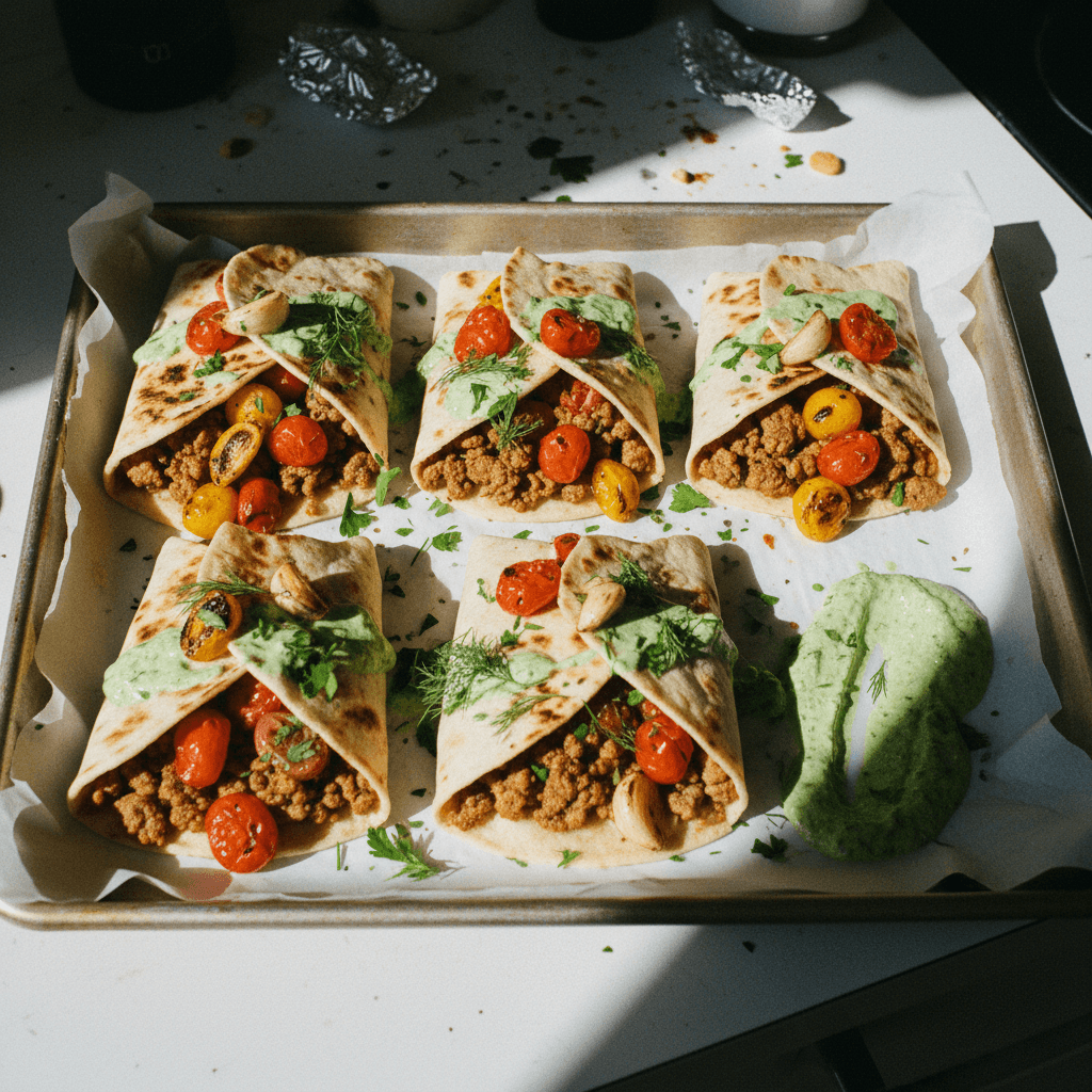 Sheet Pan Spiced Chicken Wraps with Roasted Tomatoes and Dill Yogurt Sauce
