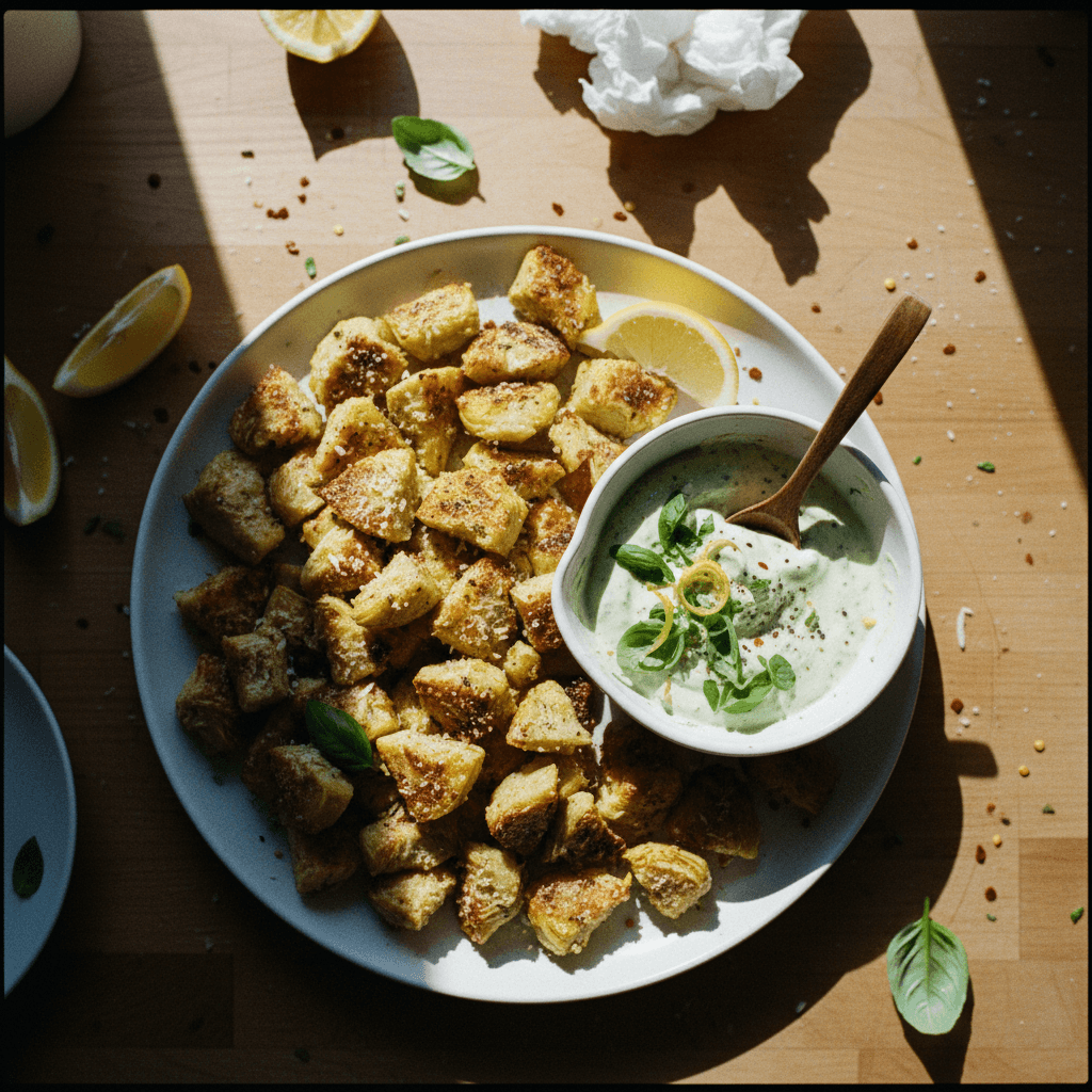 Crispy Air Fryer Artichoke Hearts with Lemon Basil Garlic Aioli