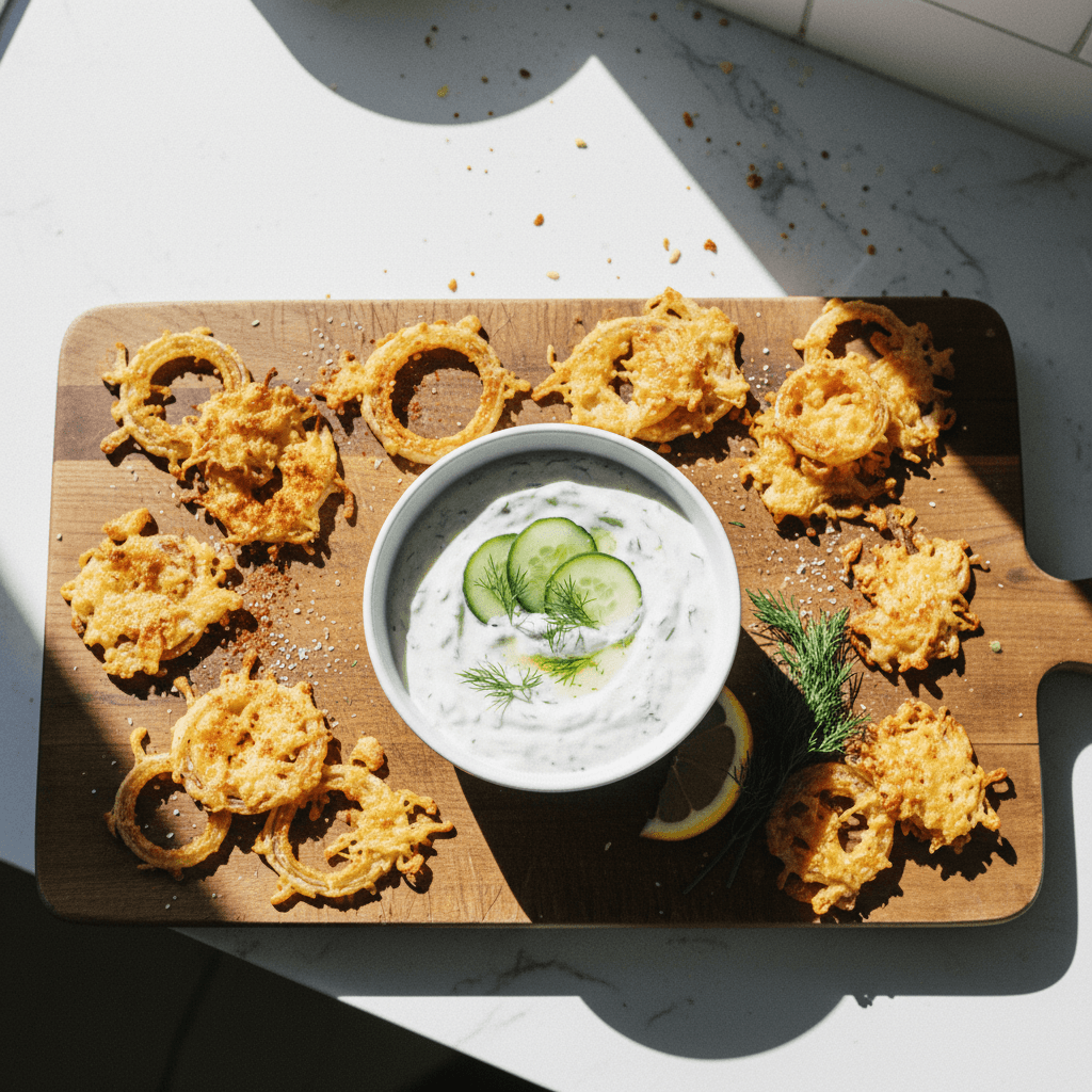 Baked Parmesan Onion Crisps with Tzatziki-style Dip