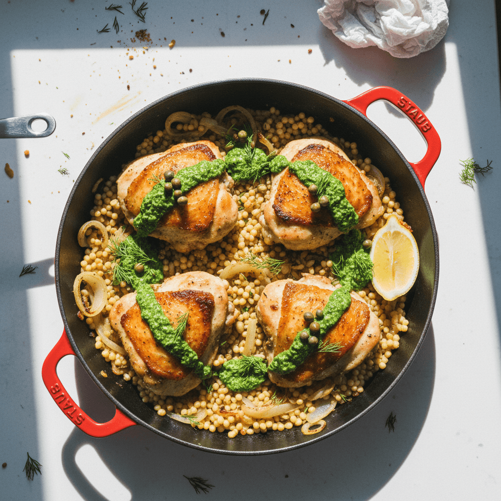 One-Pan Chicken Thighs with Pearl Couscous and Dill-Caper Green Sauce