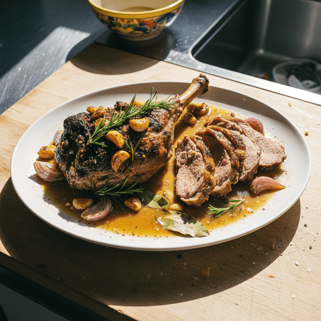 Slow Roast Leg of Lamb with Confit Garlic Sauce