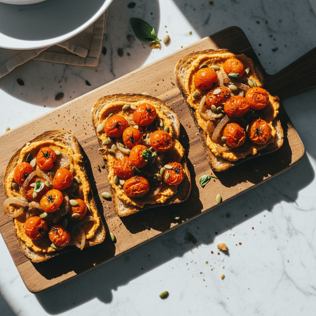 Roasted Cherry Tomato Hummus Toasts