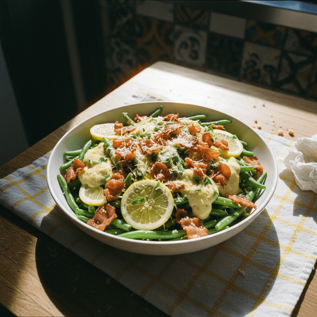 Roasted Honey-Glazed Root Vegetables with Green Beans, Bacon & Lemon Parmesan Sauce