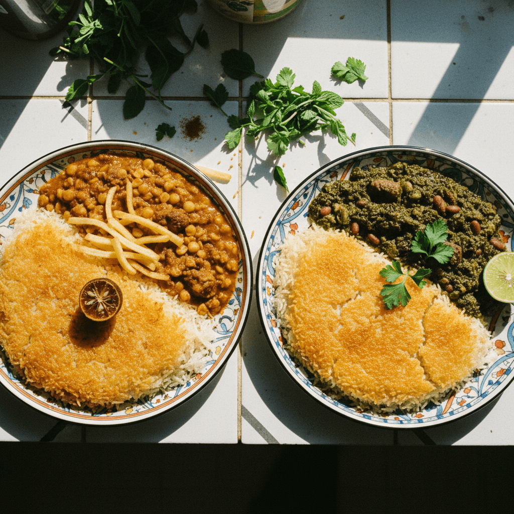 Persian Tahdig with Gheymeh and Ghormeh Sabzi