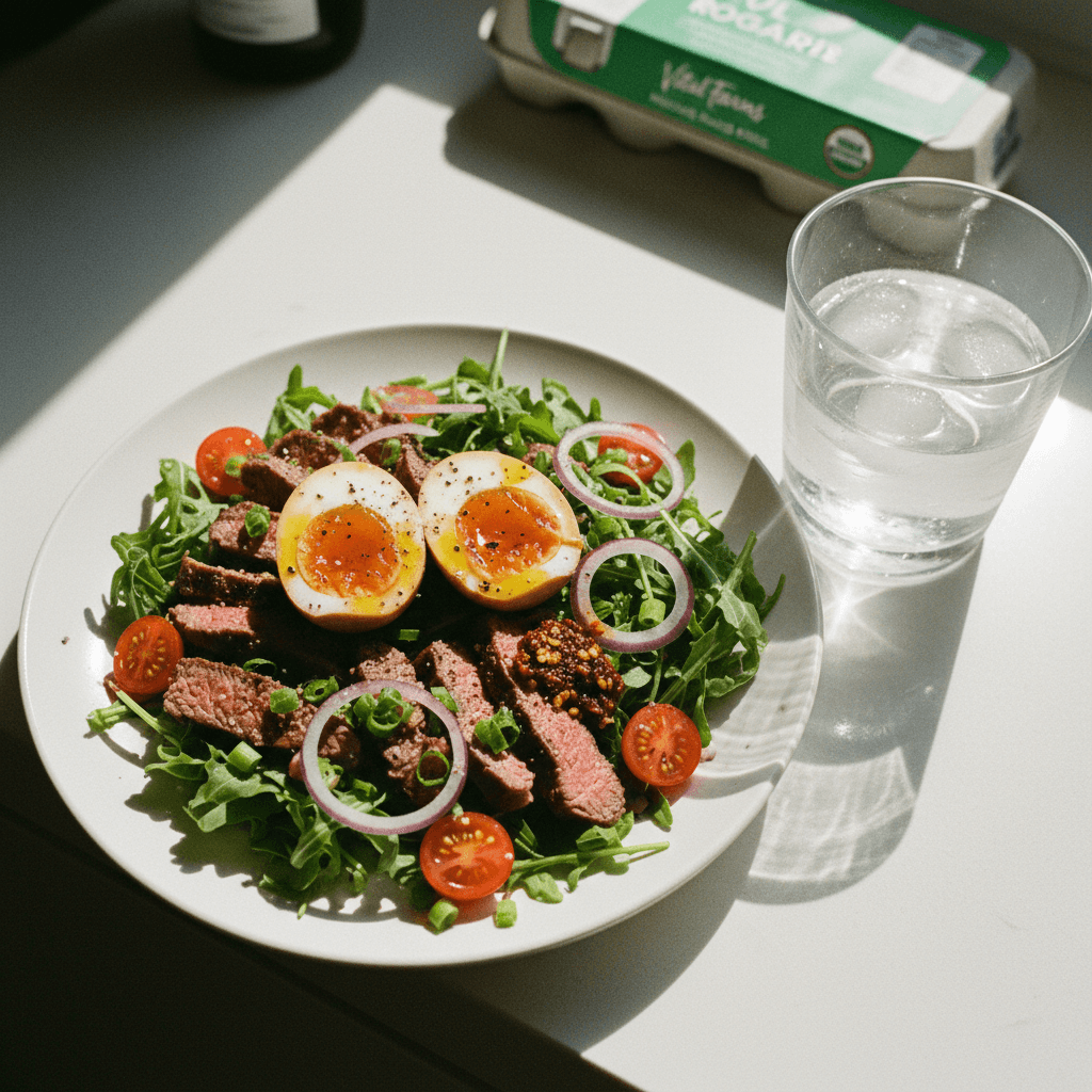 Steak and Arugula Salad with Soy Marinated Eggs