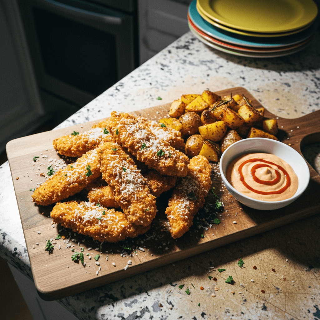 High Protein Crispy Garlic Parmesan Chicken Tenders with Roasted Potatoes and Spicy Mayo