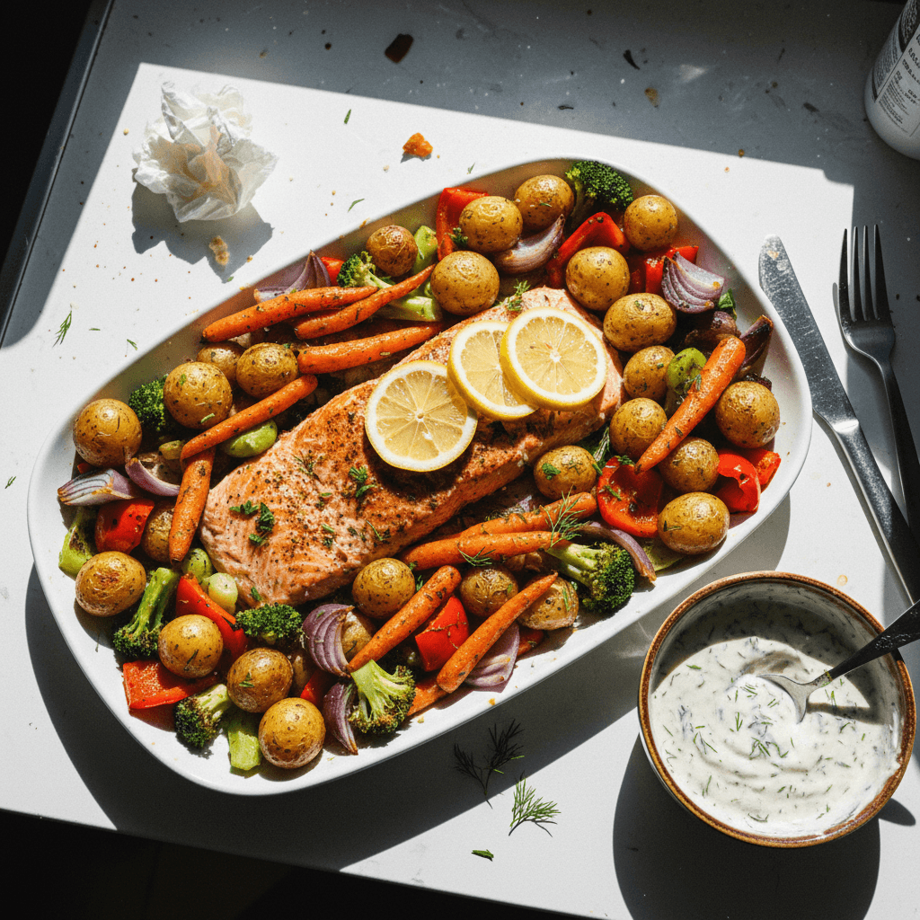 Baked Salmon with Roasted Vegetables and Creamy Dill Sauce