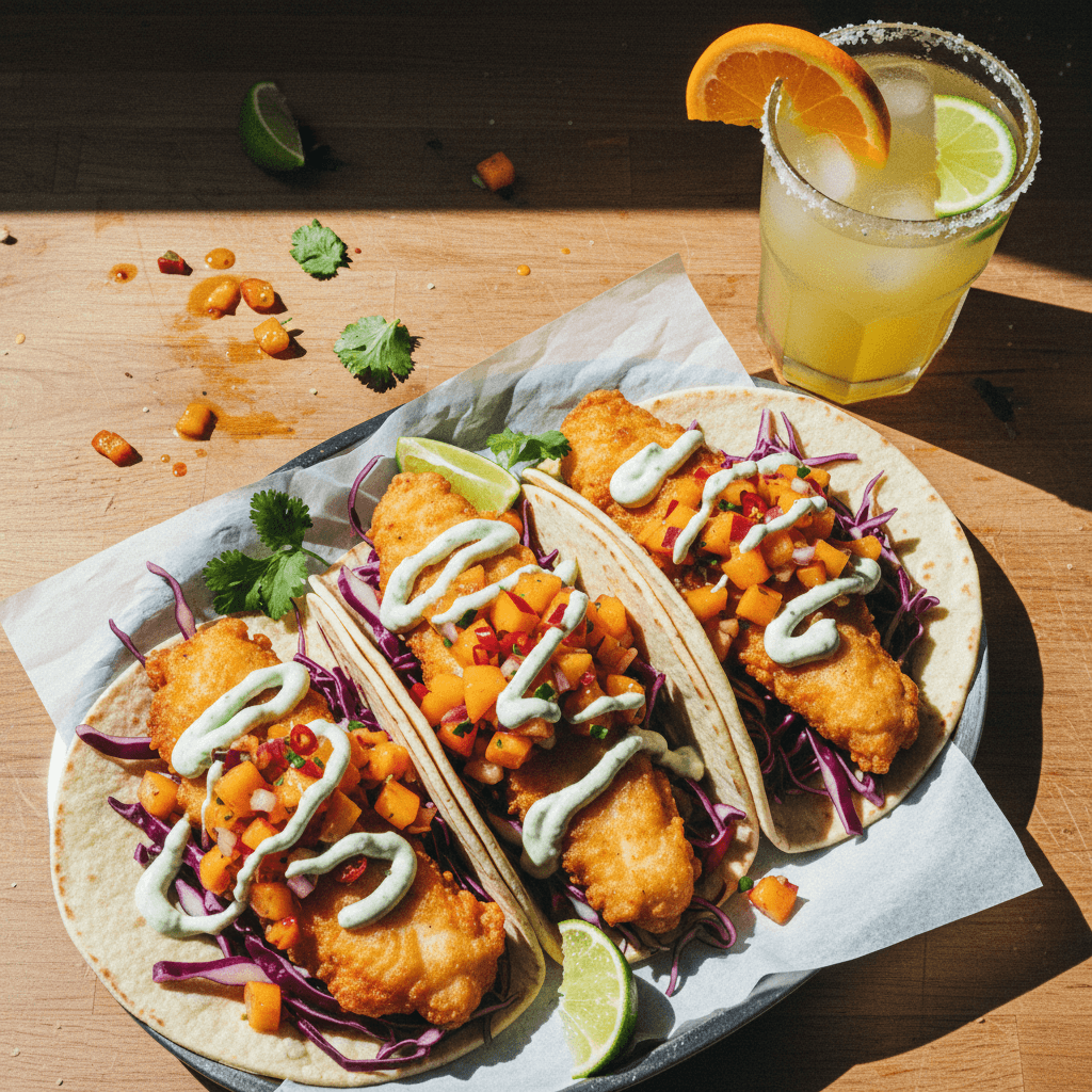 Crispy Fish Tacos with Nectarine Salsa and Smoky Lime Sauce