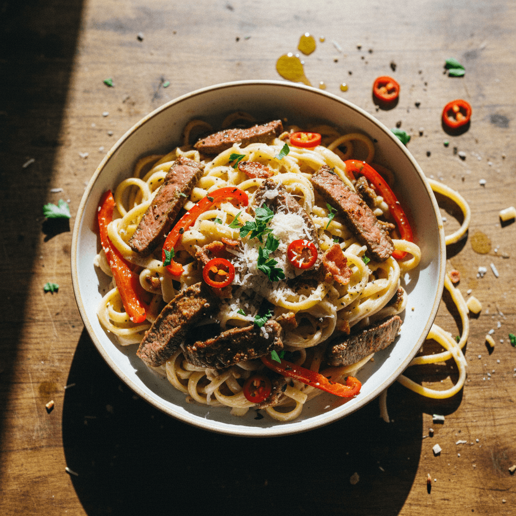 Spicy Steak and Pepper Fettuccine Alfredo