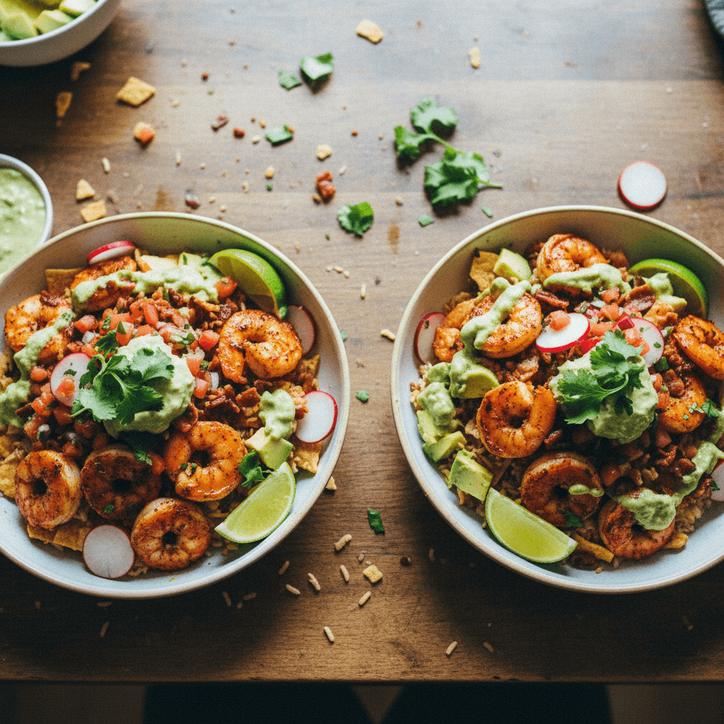 Shrimp and Avocado Taco Bowls with Crispy Bacon