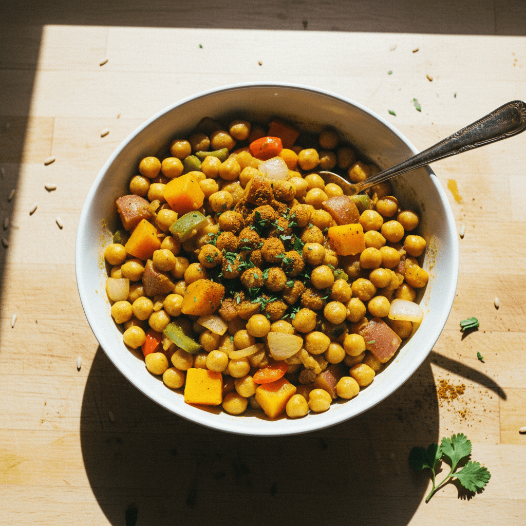 Curry Chickpeas with Fonio and Fried Burro Bananas
