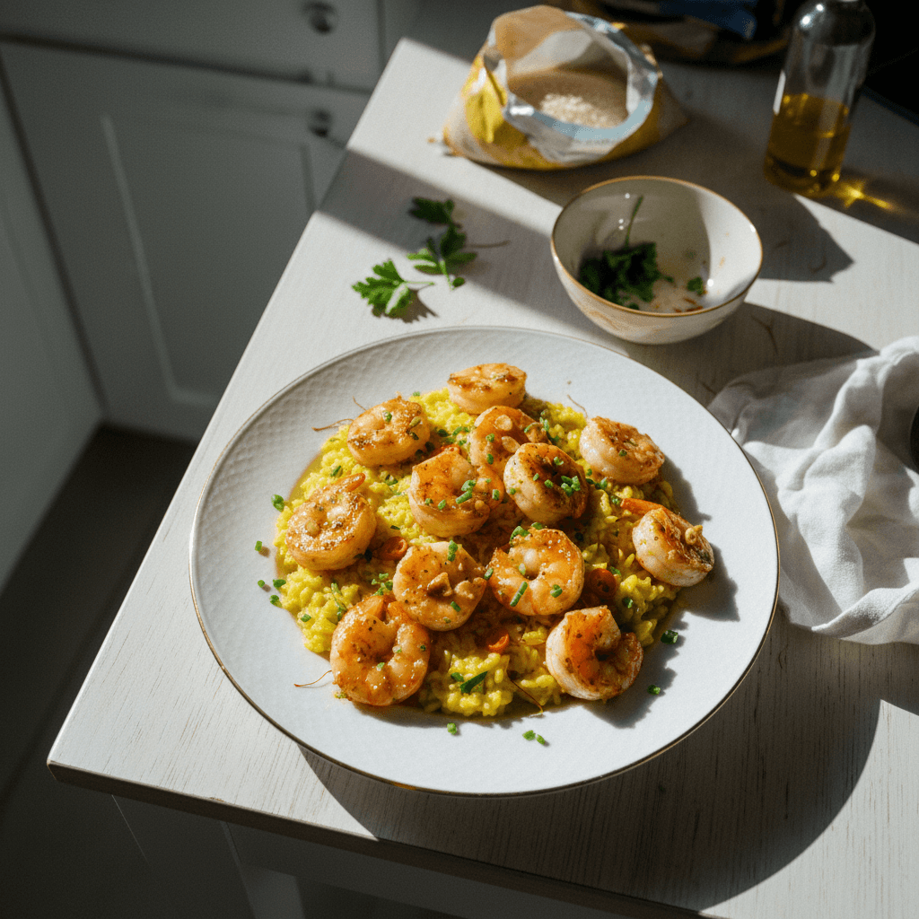 Garlic Butter Shrimp with Saffron Risotto