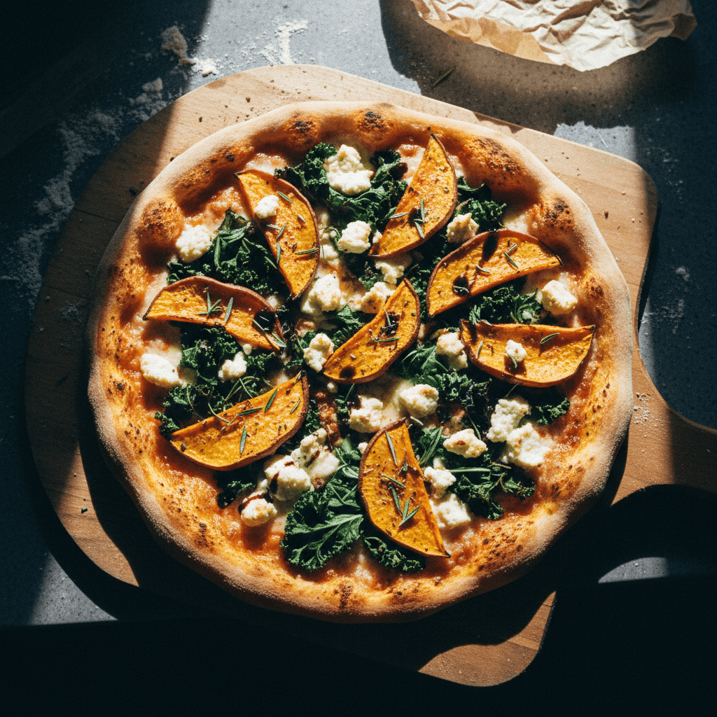 Sweet Potato, Kale, and Feta Pizza