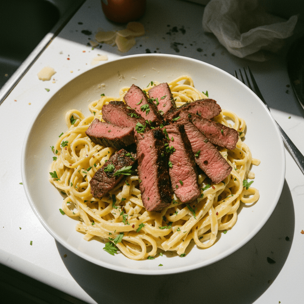 Creamy Garlic Pasta with Ribeye Steak