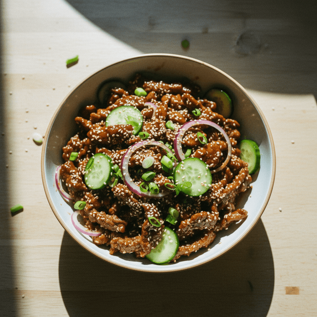 Sticky Sesame Beef with Crunchy Cucumber