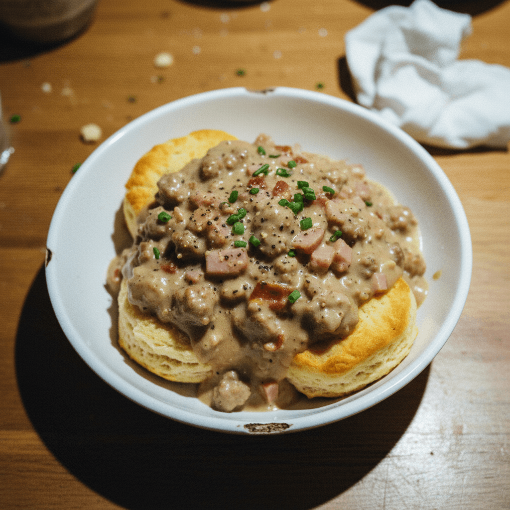 Three-Meat Gravy and Biscuits