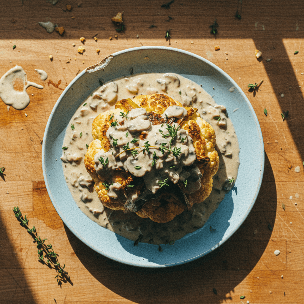 Whole Roasted Cauliflower with Creamy Mushroom Sauce