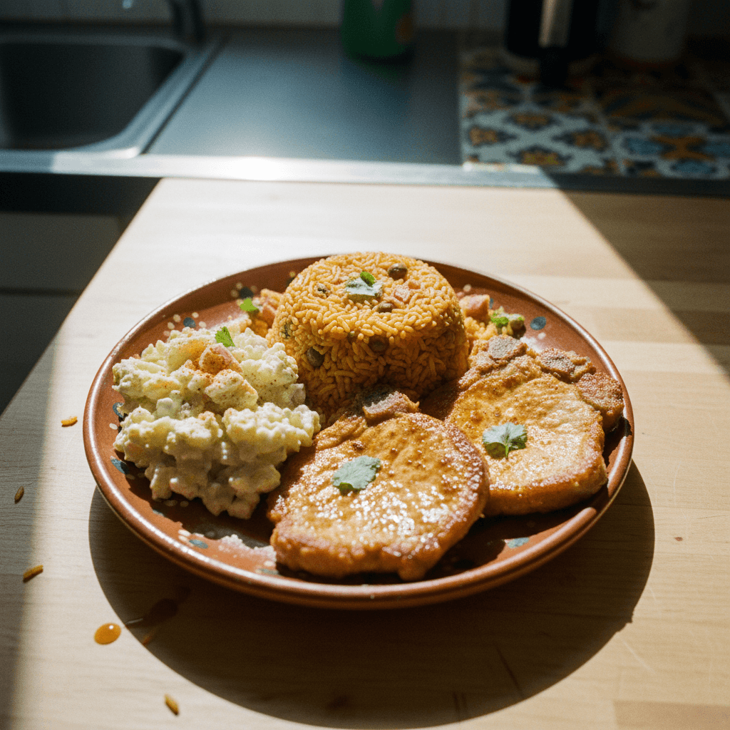 Arroz con Gandules, Chuletas, and Ensalada de Papa